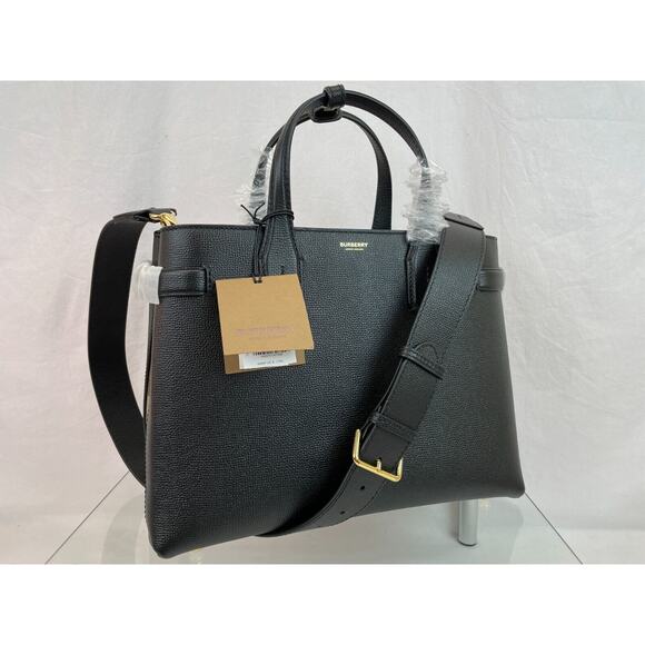 $1790 BURBERRY BANNER BLACK LEATHER HOUSE CHECK CANVAS SHOULDER MEDIUM TOTE BAG - Picture 2 of 16